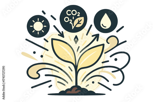 Vibrant Leaf Growth. Leaf development. Plant with glowing fresh leaves spreading outward. Abstract energy rays connecting sun, soil, and water to the sprout.