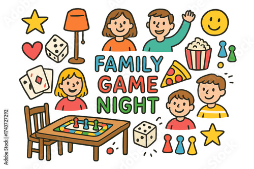 Family Game Night. Family Game Night. Colorful Hand-drawn doodle Children illustration board game, dice, playing cards, game pieces, table, chairs, family,