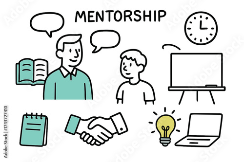 Mentorship Icons Doodle. Mentorship. Hand-drawn doodle illustration mentor figure (colored), student, open book (colored), speech bubble, handshake (colored),
