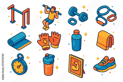 Colorful Gym Icons. Gym session. Colorful isometric vector icons set of gym session: pull-up bar, person performing pull-ups, dumbbells, resistance band,