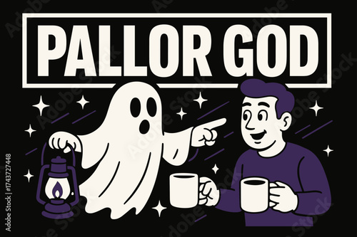 Pallor God Banner. Pallor God banner, flat vector illustration, bold oversized text inside rectangular frame, cartoon characters standing and pointing, holding