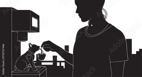 Silhouette of a person in a kitchen preparing coffee with a small cat looking on attentively