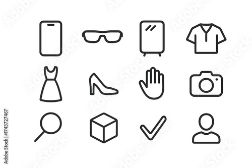 Virtual Try-On Icons. Virtual Try-On. Line icon set of Virtual Try-On: smartphone, AR glasses, mirror, shirt, dress, shoes, hand, camera, magnifying glass, 3D