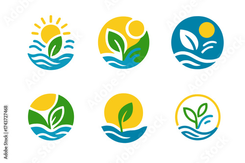 Eco Logo Variations. How a plant makes food. Set Logo of eco balance: circular composition of sun, leaf, water, and air. harmonious logo variations of the same