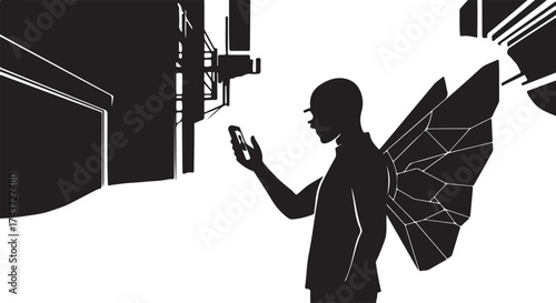 Mysterious silhouette of a figure with angelic wings holding a smartphone in a stark black and white urban setting
