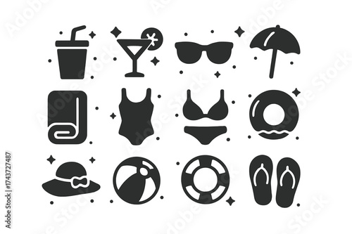 Poolside Icons. Poolside Drinks. Solid icons set of Poolside Drinks: Drink Cup, Cocktail, Sunglasses, Umbrella, Towel, Swimsuit, Bikini, Inflatable Float, Sun