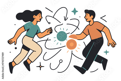 Quantum Particle Dance. Quantum entanglement. Glowing particles connected by abstract floating lines, orbiting each other in synchronized motion, emphasizing