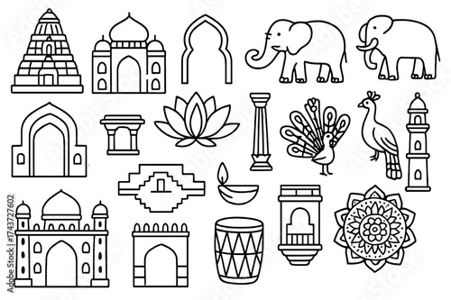 Indian Architecture Doodles. Indian Architecture. Hand-drawn doodle illustration Indian Architecture temple, dome, arch, lotus flower, elephant, stepwell,