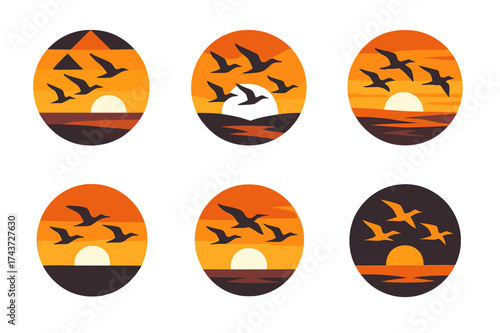 Bird Migration Logos. A flock of birds migrating across the sky at sunset, silhouetted against the colorful horizon. Set Logo of circular flight: circular