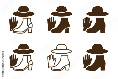 Autumn Boot Logos. Fall fashion accessories (gloves, hats, boots). Set Logo of ankle boots: stylish autumn footwear. harmonious logo variations of the same