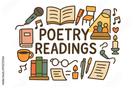 Poetry Night Doodles. Poetry Readings. Hand-drawn doodle illustration of Poetry Readings. Microphone, book,