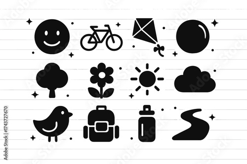 Outdoor Happiness Icons. Happiness outdoors. Solid icons set of Happiness outdoors: smiling face, bicycle, kite, ball, tree, flower, sun, cloud,