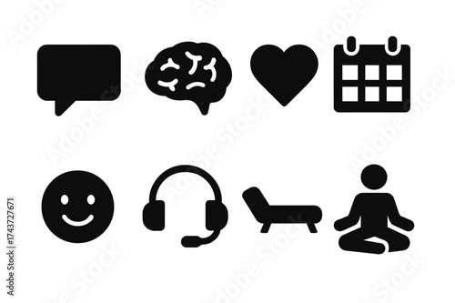 Mental Health Icons. Mental health online. Filled icon set of Mental health online: chat bubble, brain, heart,