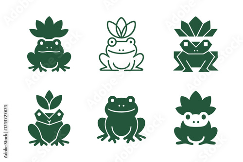 Frog Logo Variations. Endangered species and their protection. Set Logo of frog: amphibian silhouette with water lily. harmonious logo variations of the same