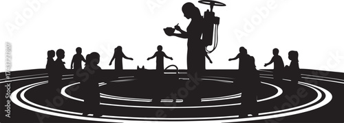 Silhouette of a group of people gathered around a central figure on a circular platform with concentric rings in a stark black and white abstract design