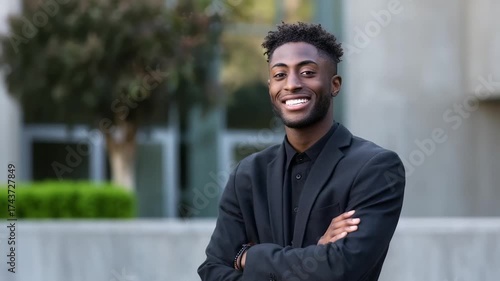 Smiling man in a black suit stands outdoors with arms crossed in front of a modern building.