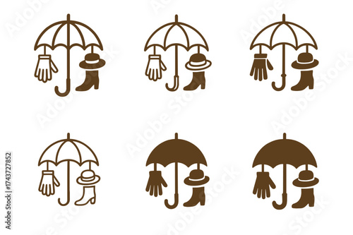 Autumn Fashion Logos. Fall fashion accessories (gloves, hats, boots). Set Logo of umbrella: autumn umbrella with fashion twist. harmonious logo variations of