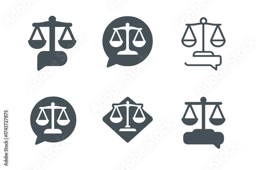 Social Change Logos. Innovative achievements in social change. Set Logo of Innovative achievements in social change: Crowdsourced legal aid (scales + chat