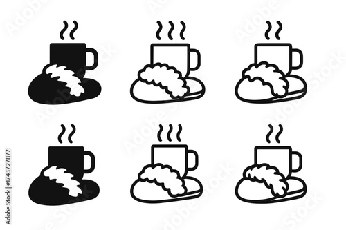 Fuzzy Slippers Logos. Fuzzy Slippers. Set Logo of Fuzzy Slippers: steaming mug. harmonious logo variations of the same emblematic concept, each with different