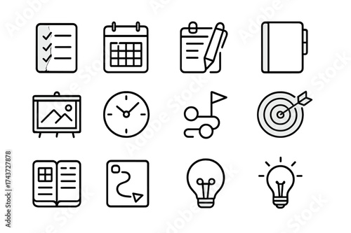 Goal Setting Icons. Goal setting. Line icon set of goal setting: checklist, calendar, clipboard, pen, notebook, vision board, clock, milestone, bullseye,