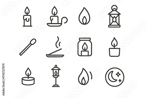 Candlelight Icon Set. Candlelit Night. Line icon set of Candlelit Night: candle, candle holder, flame, lantern, matchstick, incense stick, glowing jar, votive