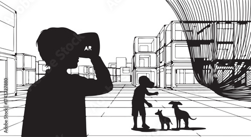 Silhouette of a person wearing virtual reality goggles exploring a futuristic city street with two dogs and a child