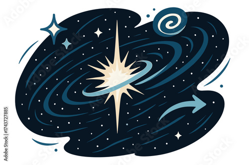 Dynamic Cosmic Quasar. Quasar. A glowing burst of light at the center of a distant galaxy with swirling stars. Floating icons of sparkle, swirl, and arrow