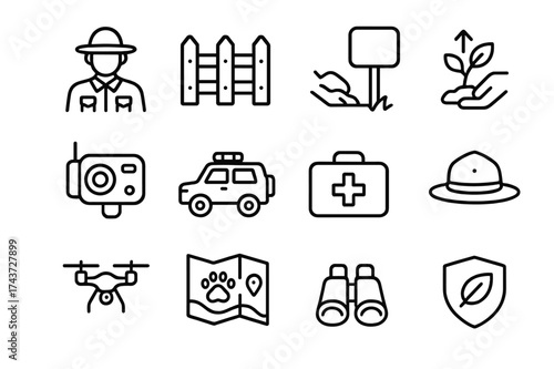 Conservation Icon Set. Conservation efforts. Line icon set of Conservation efforts: ranger, fence, signboard, reforestation, wildlife camera, patrol vehicle,