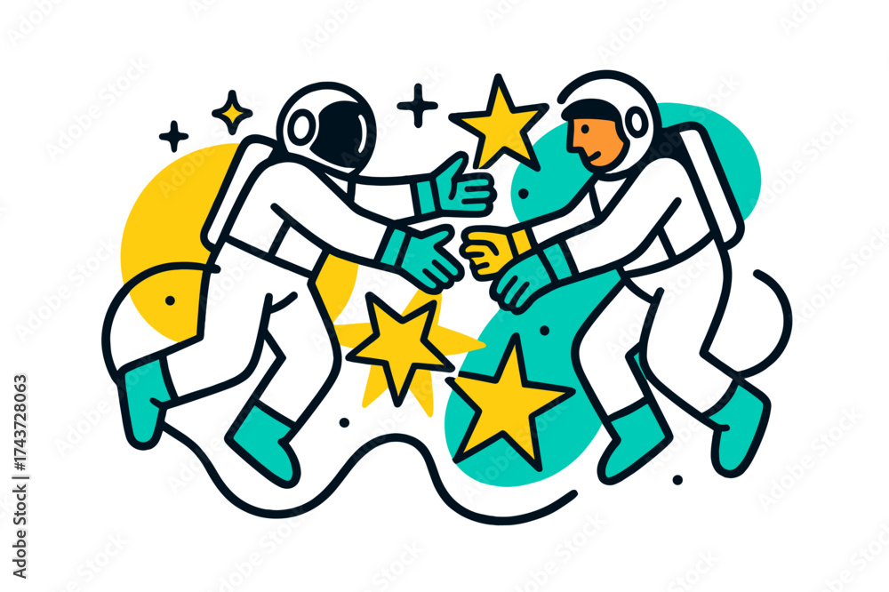 Fototapeta premium Astronauts' Teamwork. Team spacewalk. Two astronauts connected by safety tethers, one reaching to assist the other. Floating geometric stars