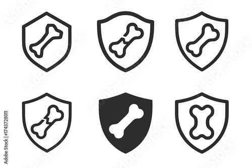 Healing Bone Logos. How bones heal after an injury. Set Logo of How bones heal after an injury: shield protecting bone. harmonious logo variations of the same