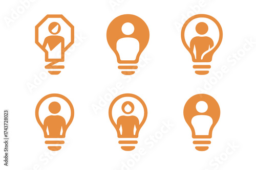 Creative Logo Designs. Students making presentations and projects. Set Logo of idea bulb: light bulb with student figure. harmonious logo variations of the