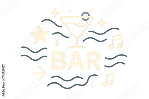 Neon Nightlife Vibe. Bar neon sign. Glowing cocktail glass sign with sparkles and abstract wave lines. Floating star and music icons symbolizing nightlife