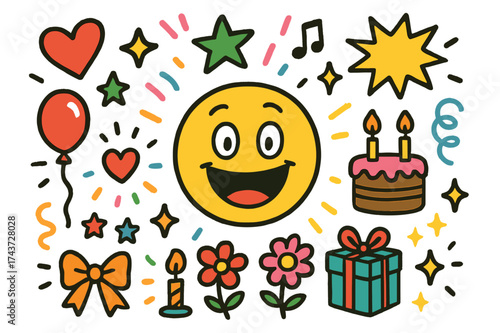 Joyful Celebration Illustration. Happy Surprise. Colorful Hand-drawn doodle Children illustration smiley face, heart, star, confetti, balloon, ribbon, bow,