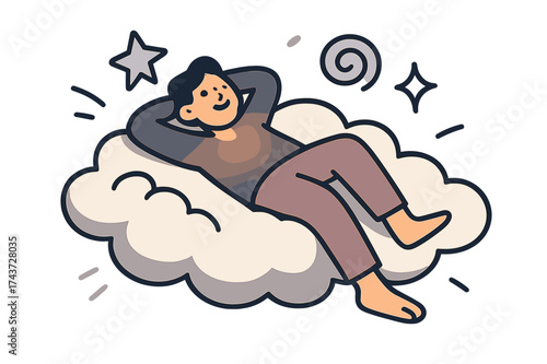 Glowing Cloud Serenity. Cloudlike calm. Person glowing while lying on oversized fluffy cloud, floating peacefully. Floating icons of star, swirl, and sparkle