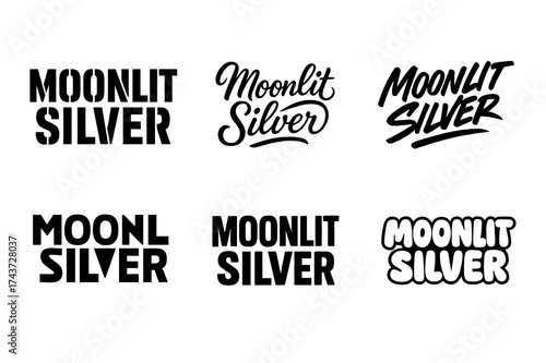 Moonlit Lettering Variations. Moonlit Silver. Set lettering. harmonious lettering variations of the same emblematic concept (Stencil-inspired urban lettering,