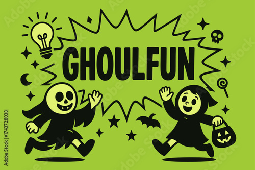 GhoulFun Excitement. GhoulFun banner, flat vector illustration, bold oversized text inside splash explosion shape, cartoon characters running and waving near
