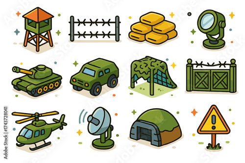 Military Base Icons. Military Base. Colorful isometric vector icons set of barbed wire fences surrounding a military base: guard tower, barbed wire fence,