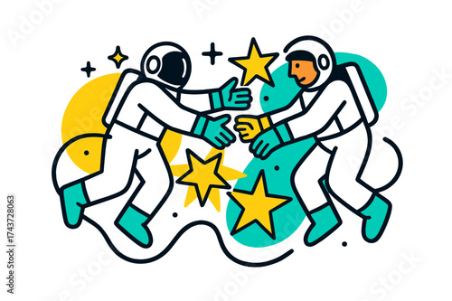 Astronauts' Teamwork. Team spacewalk. Two astronauts connected by safety tethers, one reaching to assist the other. Floating geometric stars