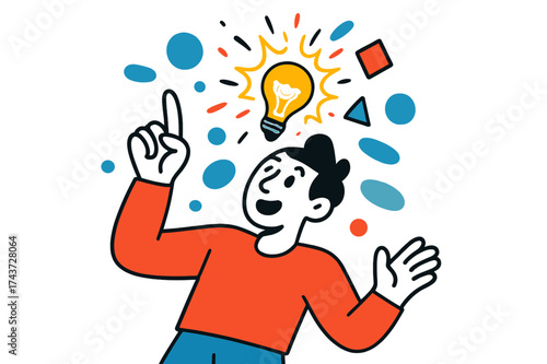 Exploding Lightbulb Insight. Eureka Moment. A glowing lightbulb exploding into abstract floating shapes and sparks above a character?s head, symbolizing