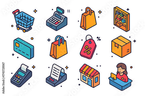 Retail Trade Icons. Retail trade. Colorful isometric vector icons set of retail trade: shopping cart, cash register, barcode scanner, store shelves, credit