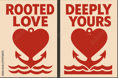Rooted Love Banners. Commitment. Two vertical A6 banners with safe margins, centered composition, no elements touching edges, bold style, red and beige, strong
