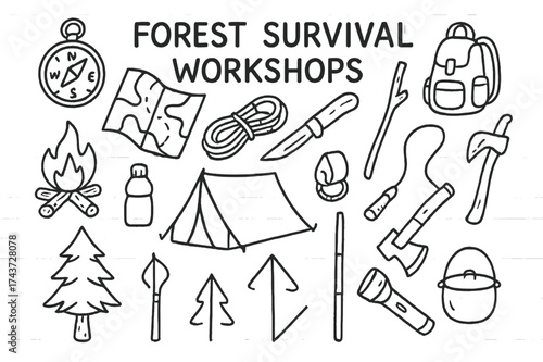 Forest Survival Symbols. Forest Survival Workshops. Hand-drawn doodle illustration Forest Survival Workshops compass, map, backpack, knife, rope, campfire,