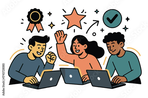Glowing Certification Success. Skill certification. Participants glowing as they complete advanced exams on laptops. Floating icons of ribbon, sparkle, and