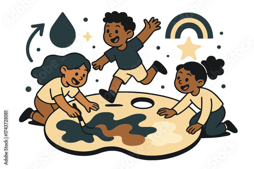 Playful Paint Mixing. Color exploration. Children glowing as they mix paints on a big palette. Floating icons of droplet, rainbow, and star symbolizing