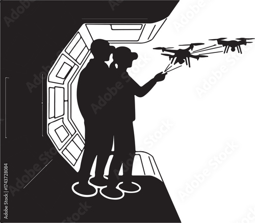 Silhouetted figures wearing virtual reality headsets control a drone in a futuristic environment with holographic displays and advanced technology