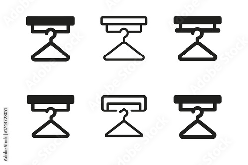 Storage System Logos. Closet rod. Set Logo of storage system: rod with shelf and hanger icons. harmonious logo variations of the same emblematic concept, each