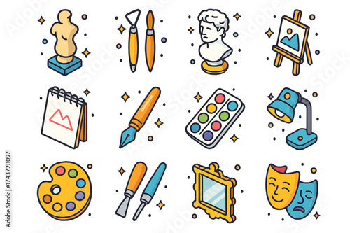 Colorful Fine Arts Icons. Fine Arts. Colorful isometric vector icons set of Fine Arts: sculpture, clay tools, marble bust, easel with painting, sketchbook, ink