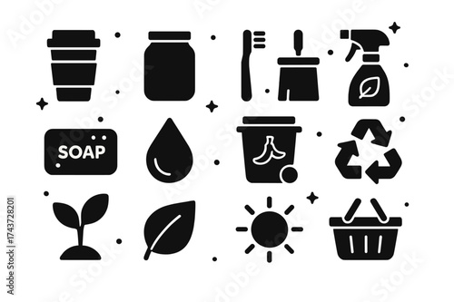 Eco Icons Collection. Eco lifestyle. Solid icons set of Eco lifestyle: reusable cup, glass jar, bamboo brush, eco spray bottle, soap bar, water drop, compost