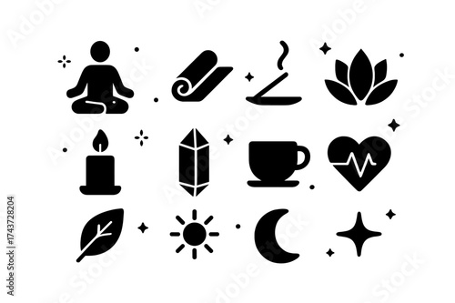 Mind-Body Wellness Icons. Mind-Body Wellness. Solid icons set of Mind-Body Wellness: meditation pose, yoga mat, incense stick, lotus flower, candle, crystal,