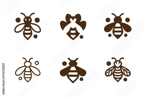 Bee Logo Variations. Pollinators. Set Logo of Nature: bee with pollen grains. harmonious logo variations of the same emblematic concept, each with different